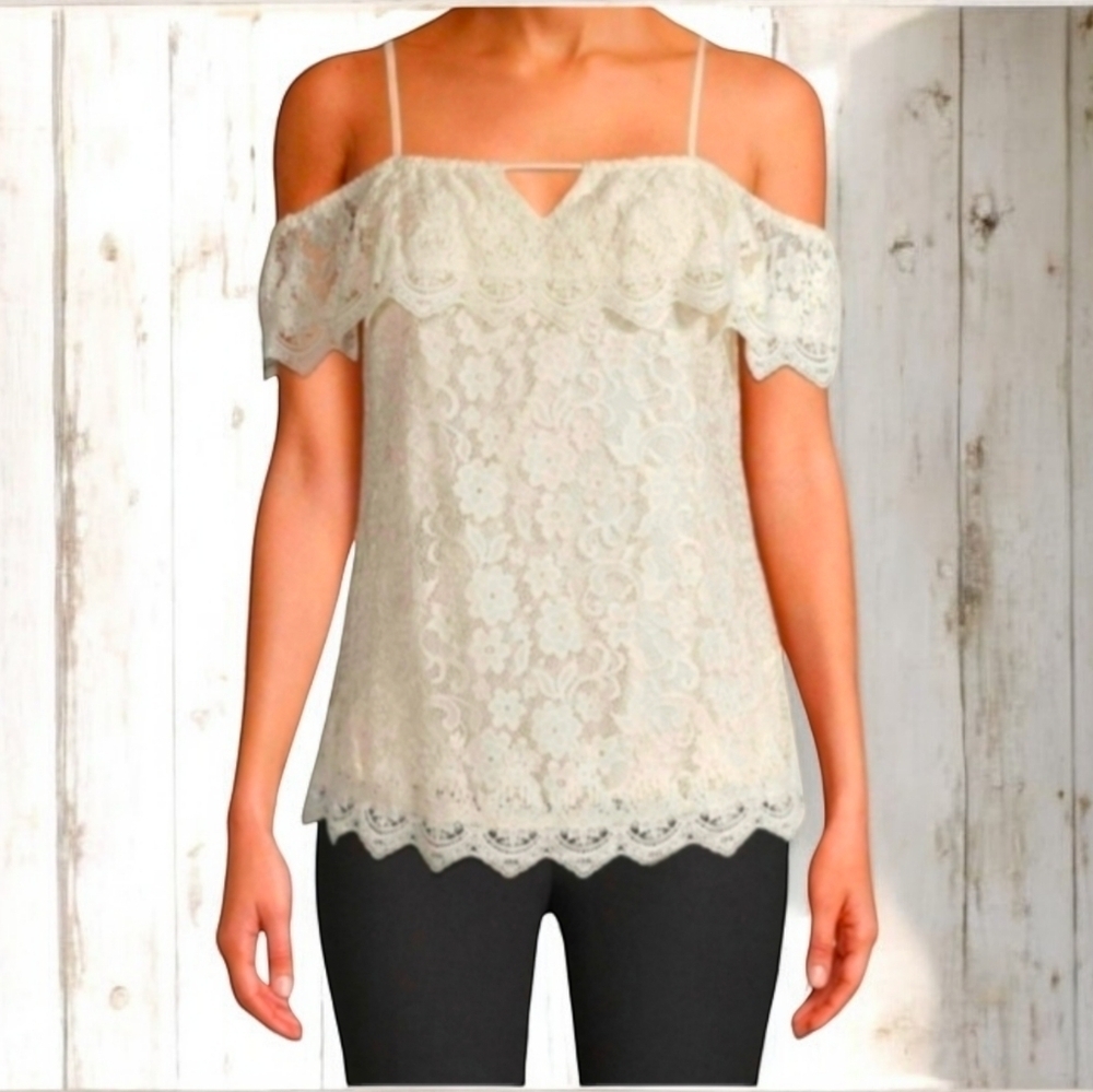 No Boundaries Juniors' Off-the-Shoulder All Over Ivory Lace Top‎ XL 15-17 New